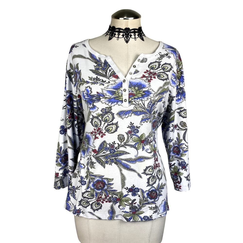 Vtg y2K Karen Scott Cotton Henley Floral Paisley Boho Whimsy Artsy Sweater Sz XL
